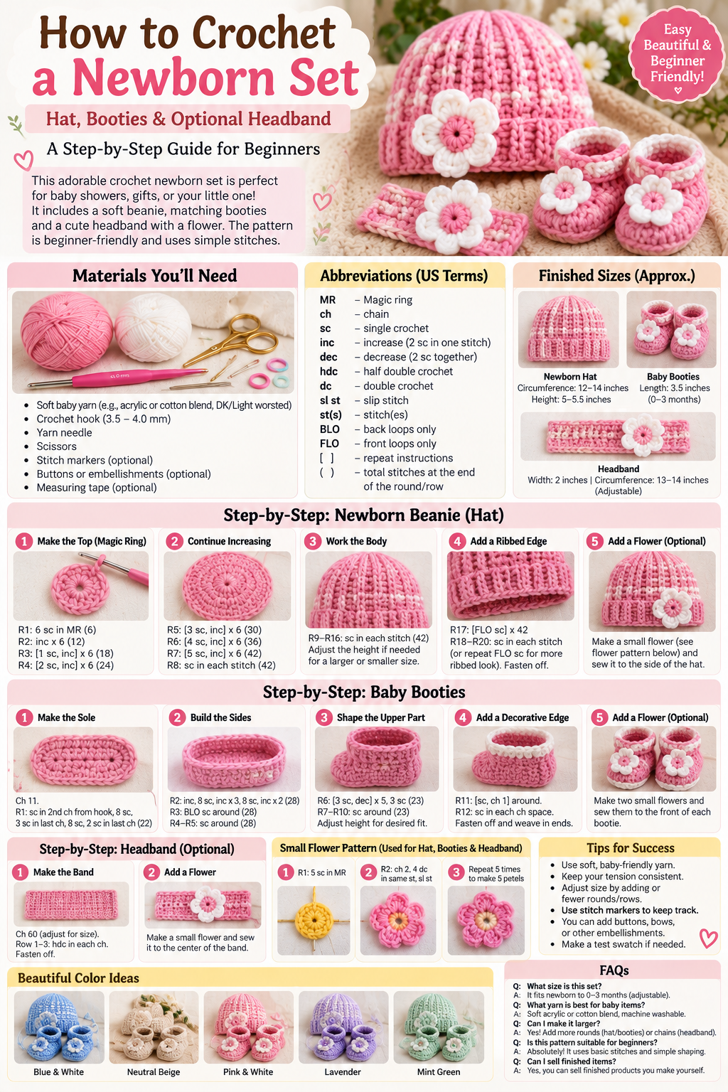 Pink handmade newborn crochet baby hat, matching booties, and flower headband with step-by-step crochet instructions.