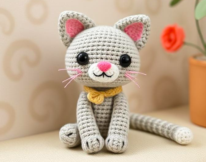Step-by-step crochet cat tutorial showing a gray amigurumi kitten with pink ears, white paws, curled tail, and detailed construction instructions.
