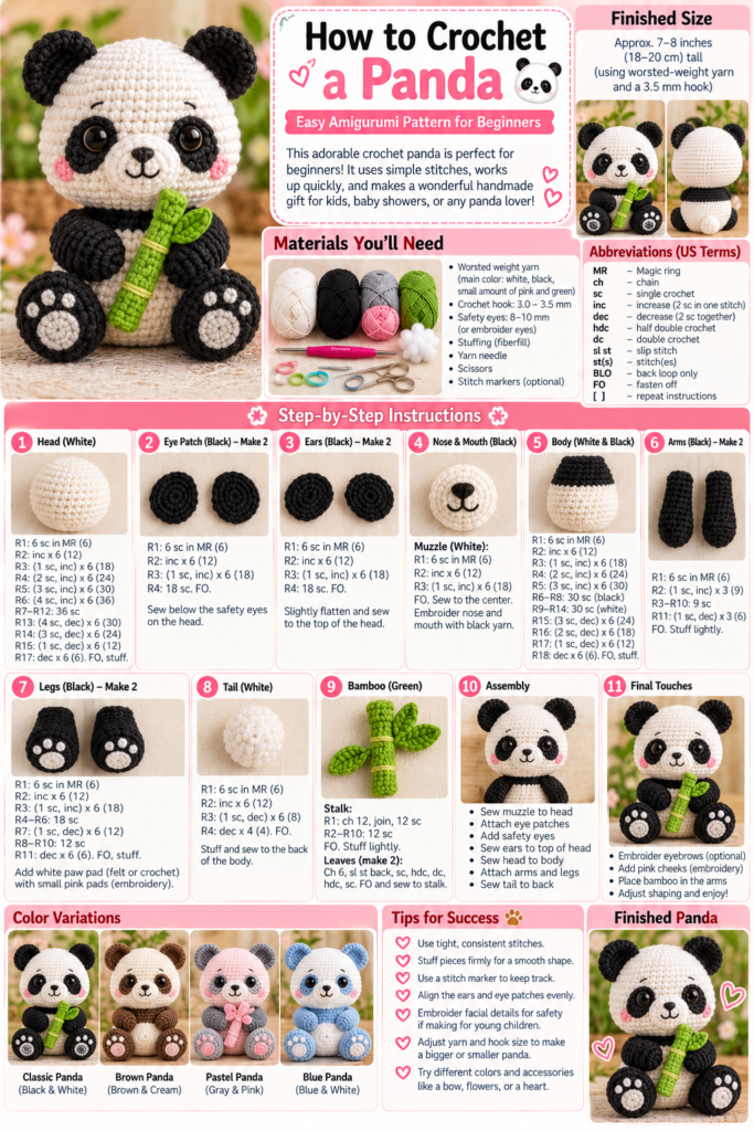 Step-by-step crochet panda pattern featuring a black and white amigurumi panda with round ears, black eye patches, white belly, and green bamboo.