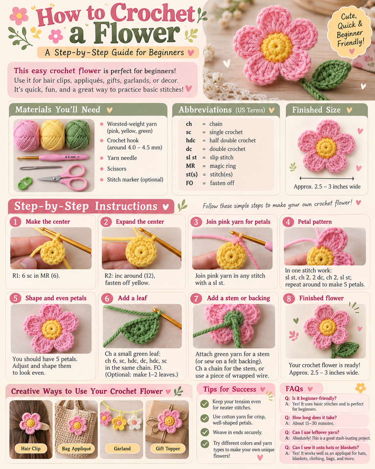 Step-by-step tutorial showing how to crochet a pink five-petal flower with a yellow center and green leaf.