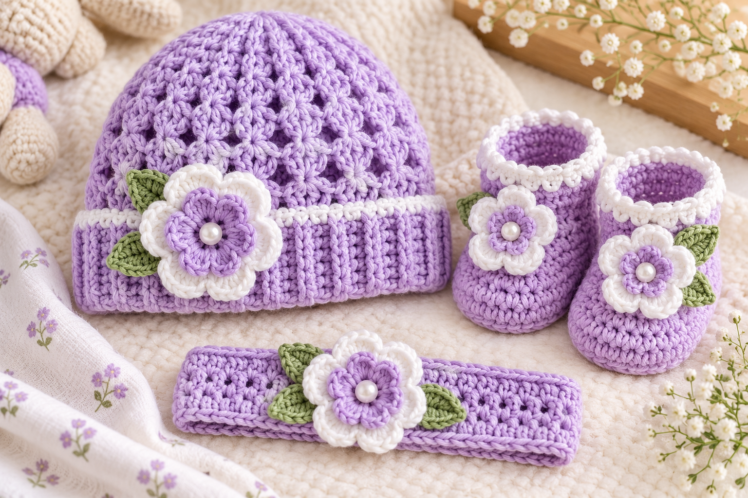 Handmade lavender newborn crochet baby hat, matching booties, and floral headband displayed on a cream knitted blanket.