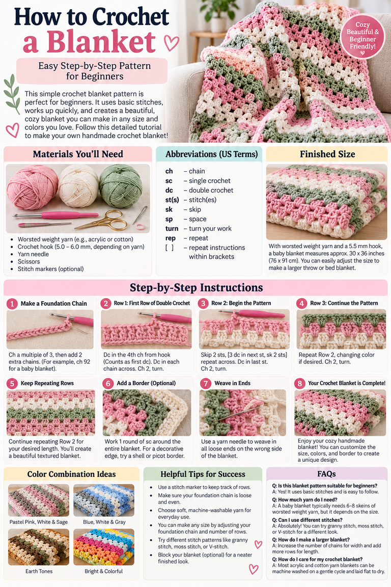 Pastel pink, cream, and sage green striped handmade crochet blanket with step-by-step beginner instructions.