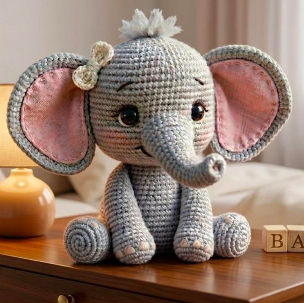 Step-by-step crochet elephant tutorial featuring a gray amigurumi elephant with pink ears, curved trunk, cream belly, and detailed construction instructions.