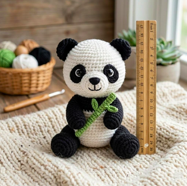 Step-by-step crochet panda pattern featuring a black and white amigurumi panda with round ears, black eye patches, white belly, and green bamboo.