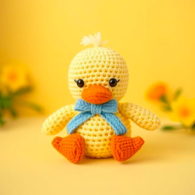 Step-by-step crochet duck tutorial featuring a yellow amigurumi duck with an orange beak, orange feet, pink cheeks, and a blue bow.