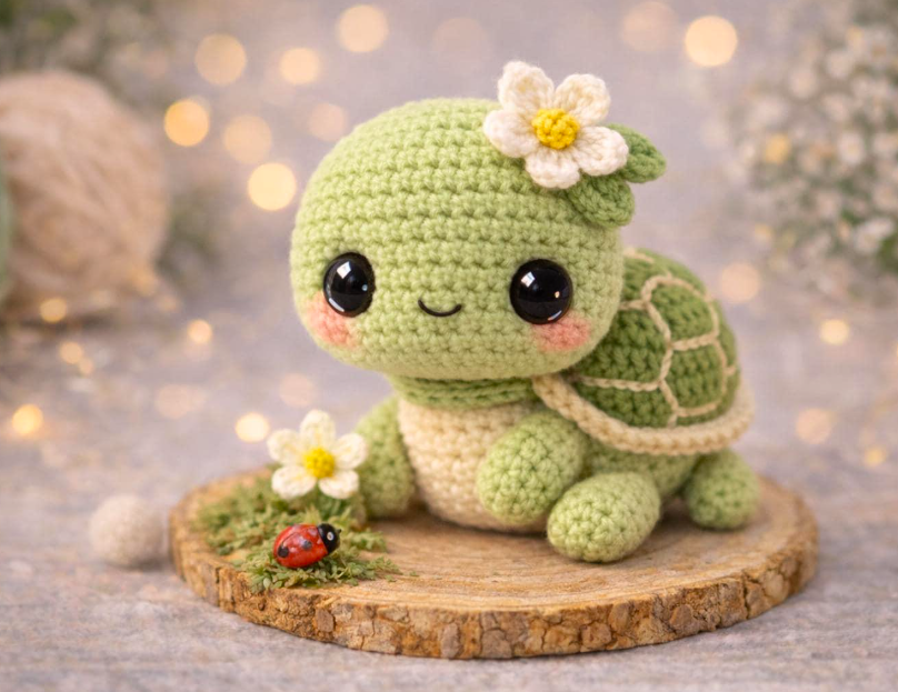Step-by-step crochet turtle tutorial showing a smiling green amigurumi turtle with a dark green patterned shell, short legs, and a small tail.
