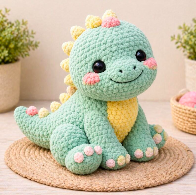 Step-by-step crochet dinosaur tutorial showing a cute light green amigurumi dinosaur with cream belly, dark green back spikes, chunky feet, and long tail.