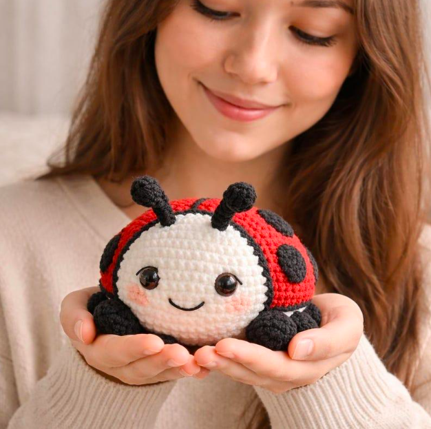 Step-by-step crochet ladybug tutorial featuring a red amigurumi ladybug with black spots, six legs, antennae, and an embroidered smiling face.