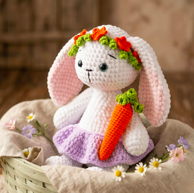 Step-by-step crochet bunny tutorial featuring a cream amigurumi rabbit with long pink ears, pink paws, and a miniature orange carrot.