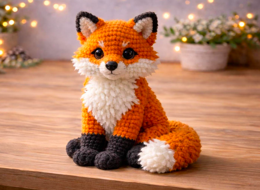 Handmade orange crochet fox with white muzzle, pointed ears, dark brown paws, and bushy tail in a step-by-step amigurumi tutorial.