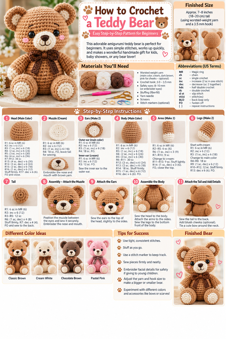 Step-by-step crochet teddy bear tutorial featuring a brown amigurumi bear with cream muzzle, rounded ears, and matching paws.